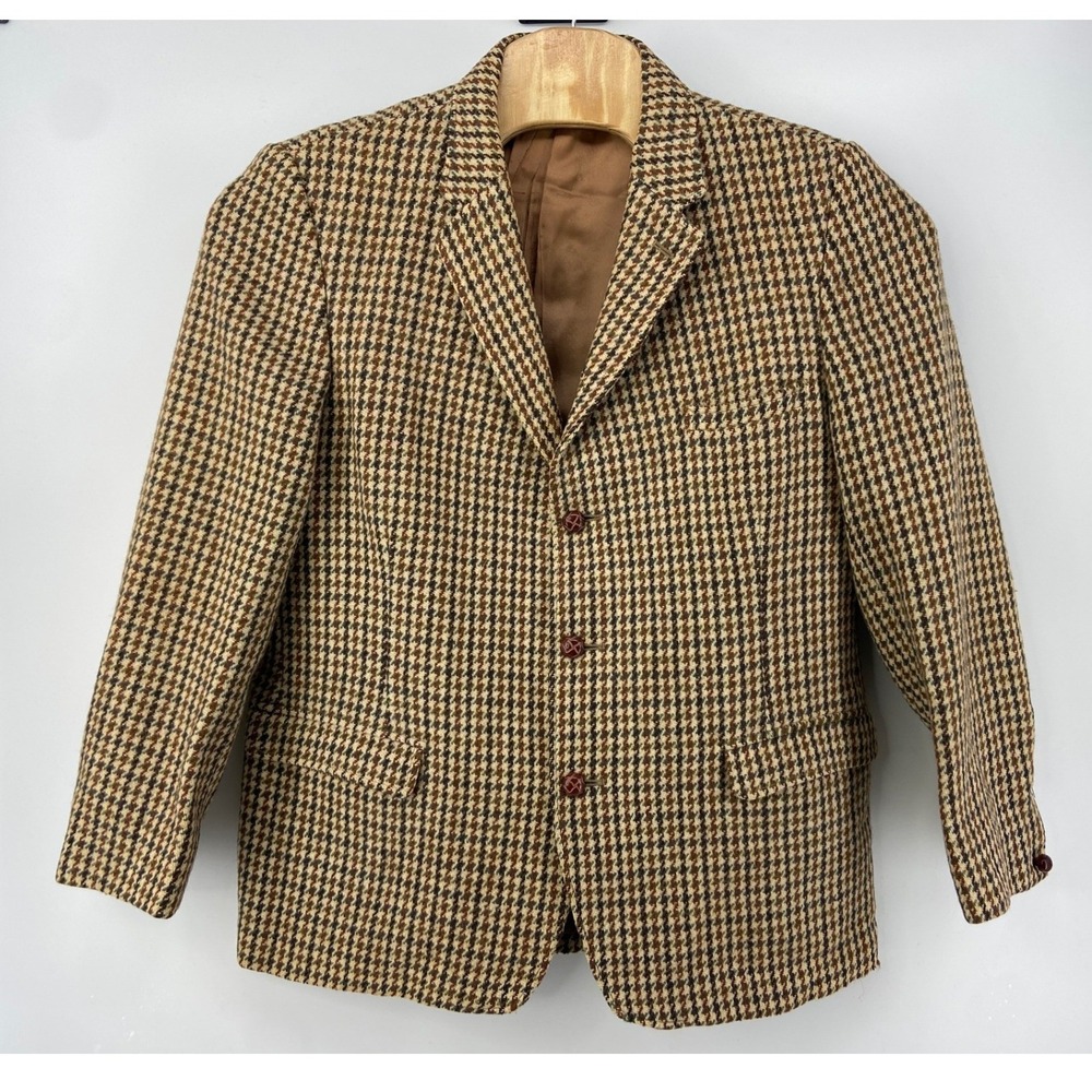 Vintage Harris Tweed Sport Coat Mens 44 Tan Houndstooth Blazer Academia Wool